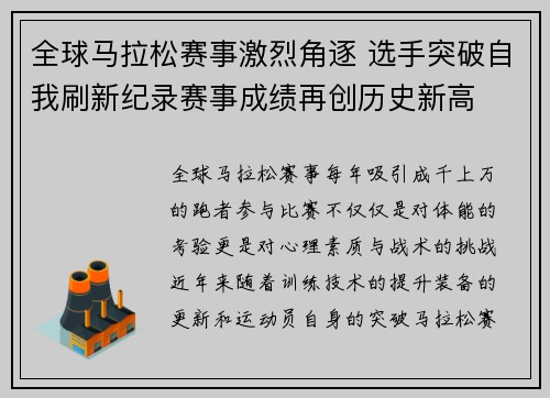 全球马拉松赛事激烈角逐 选手突破自我刷新纪录赛事成绩再创历史新高